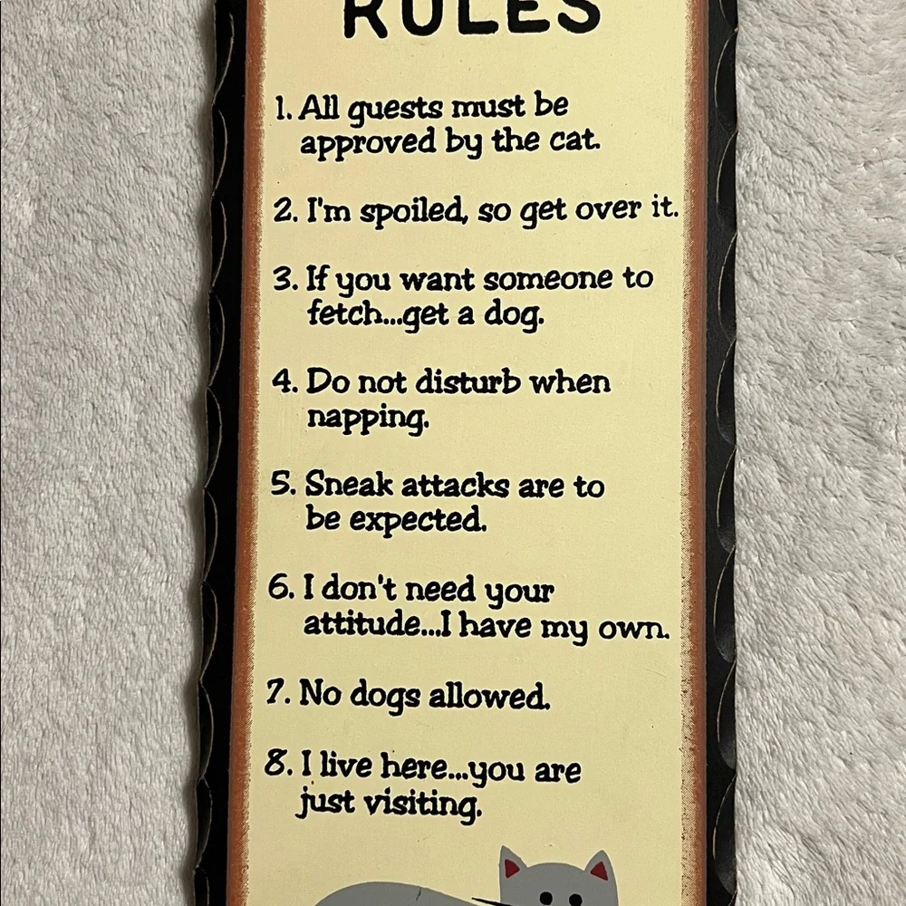 Humorous Cat's Rules Wall Sign - Black and Cream